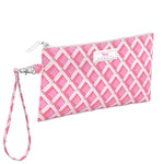 Pink and white patterned wristlet with a strap on a light white background. Available at Be Charmed