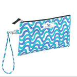 Wristlet with blue and white wave pattern on a white background. Available at Be Charmed