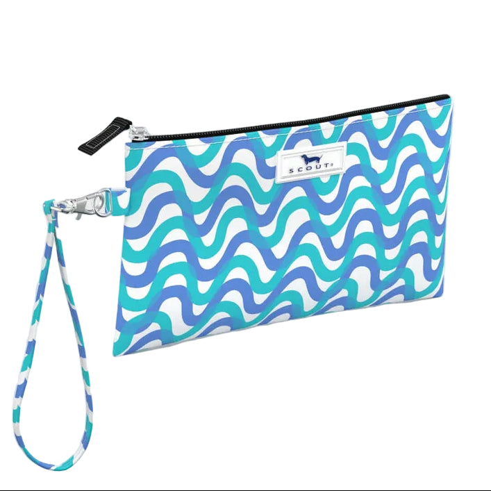 Wristlet with blue and white wave pattern on a white background. Available at Be Charmed