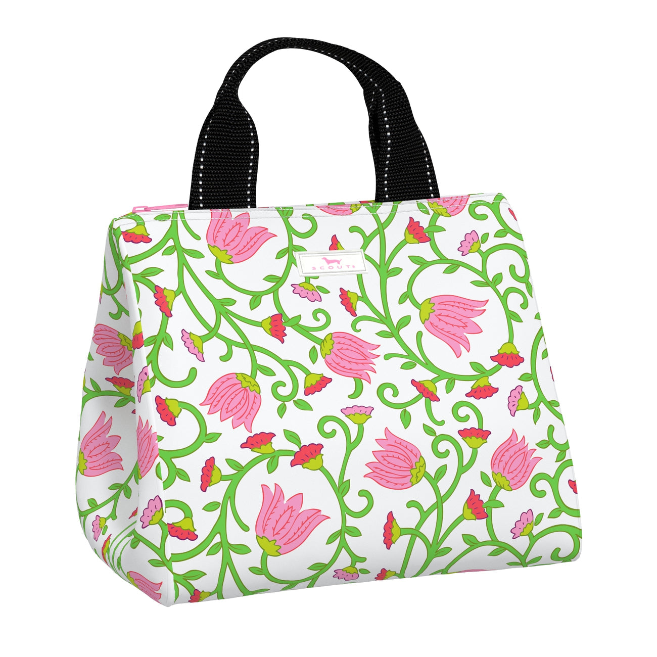 Late Bloomer SCOUT Eloise Lunch Tote – quilted insulated lunch bag 10.25″W × 10″H × 7.25″D, holds up to 10 lb, foam‑lined interior, exterior Velcro pocket, wipes clean. Available at Be Charmed 