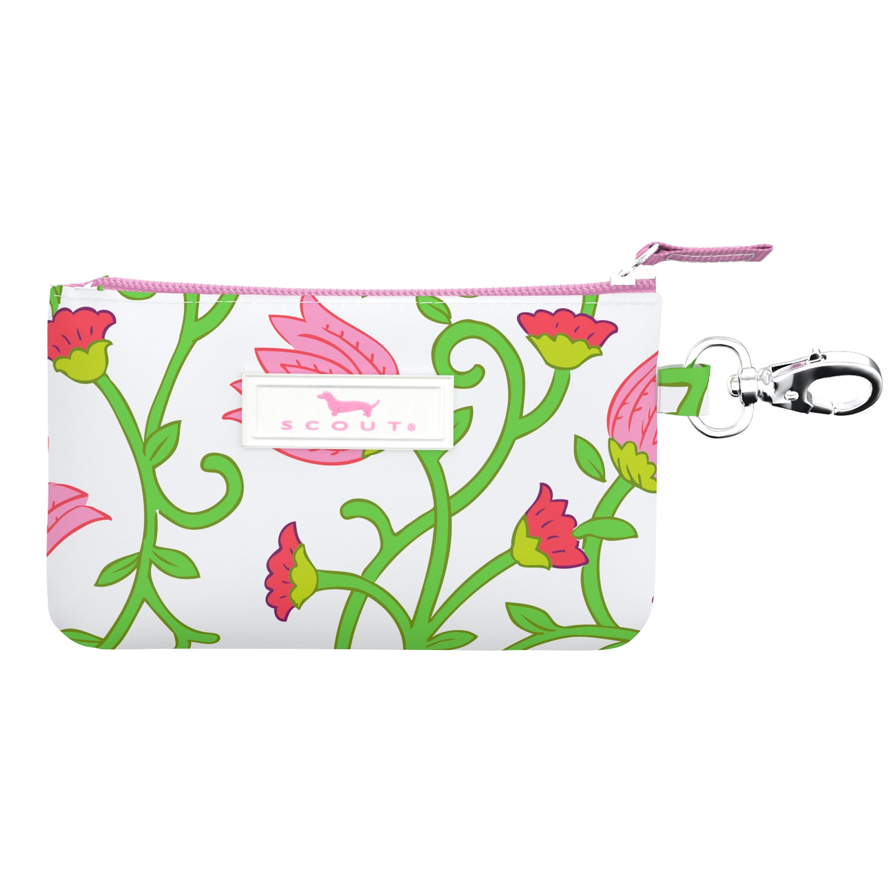 Late Bloomer SCOUT IDKase Card Holder – 5″×3.25″×0.5″ water‑resistant coated cotton slim wallet with clear ID window and key‑clasp clip. Available at Be Charmed