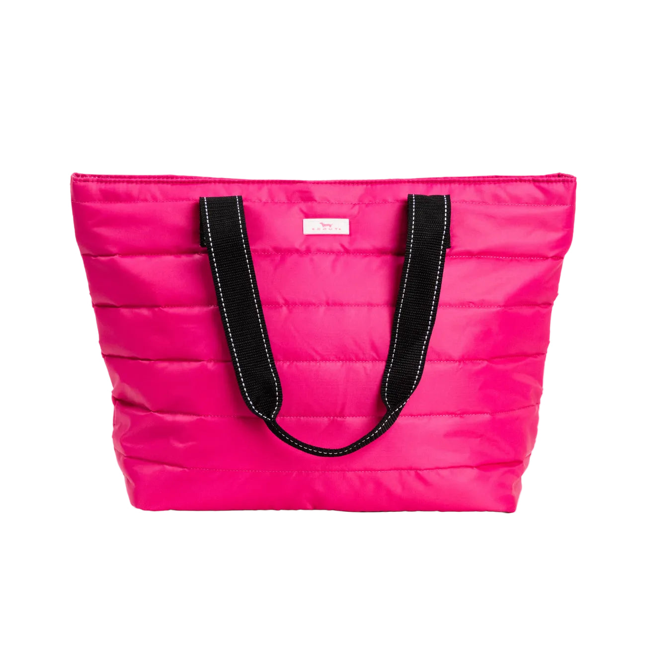 Pink Puffer SCOUT Layover Tote – quilted puffer travel tote (19″ W × 13″ H × 5.5″ D), interior zipper compartments, reinforced bottom, folds flat. Available at Be Charmed