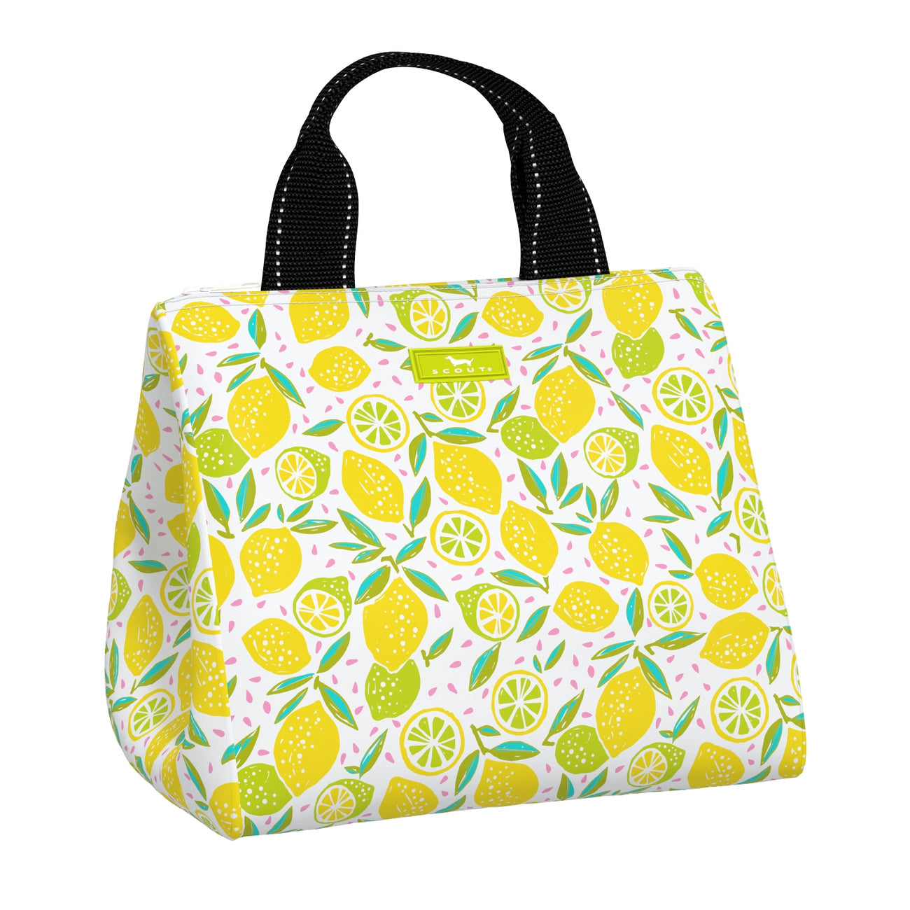 Lemoncello SCOUT Eloise Lunch Tote – quilted insulated lunch bag 10.25″W × 10″H × 7.25″D, holds up to 10 lb, foam‑lined interior, exterior Velcro pocket, wipes clean. Available at Be Charmed 