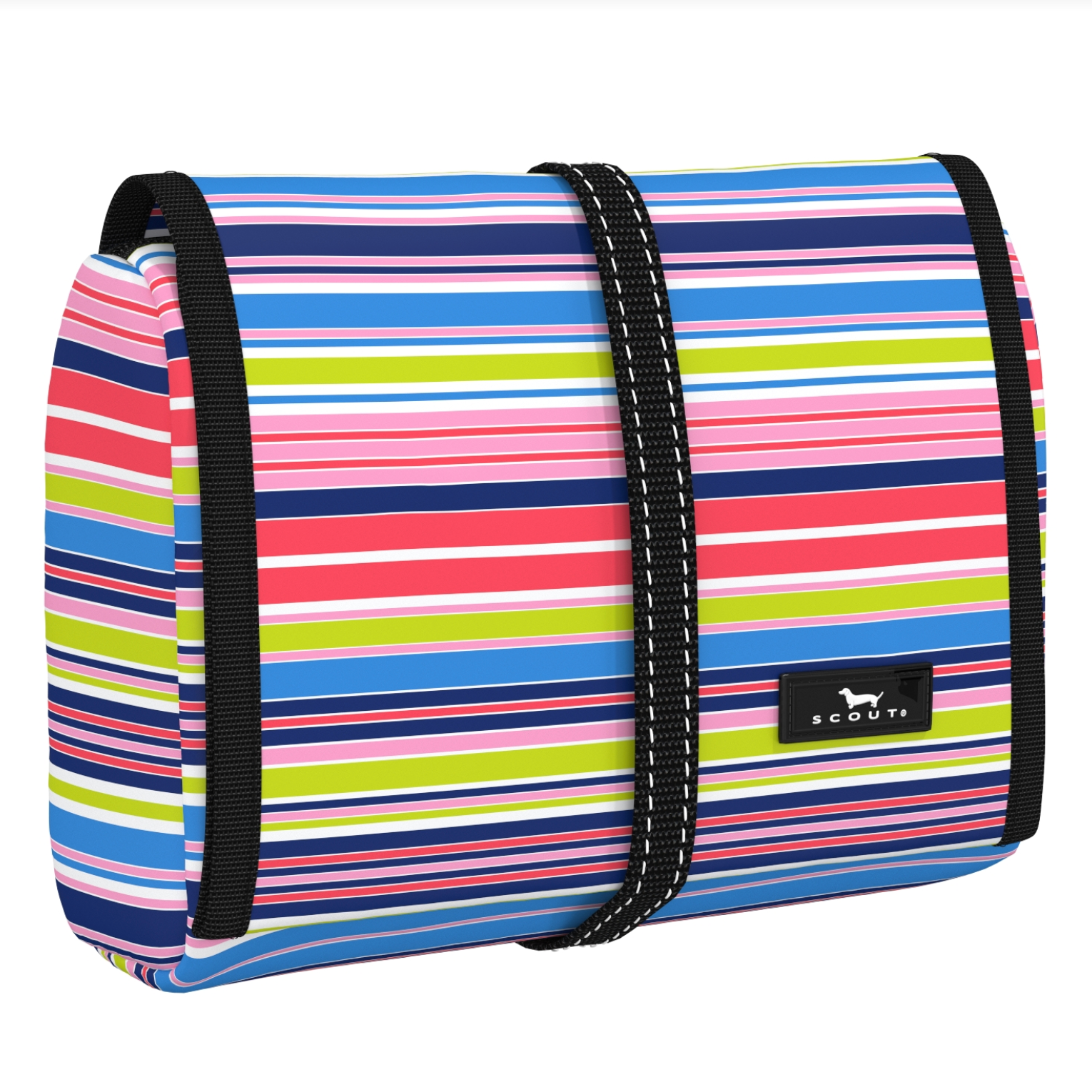 A multicolored striped cosmetic or toiletry bag with a black strap and a brand tag visible. Available at Be Charmed