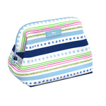 A Scout Striped cosmetic bag with colorful patterns on a white background. Available at Be Charmed