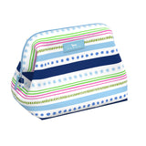A Scout Striped cosmetic bag with colorful patterns on a white background. Available at Be Charmed