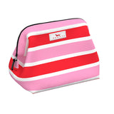 A Scout Pink and red striped pouch with a visible brand logo on a white background Available at Be Charmed