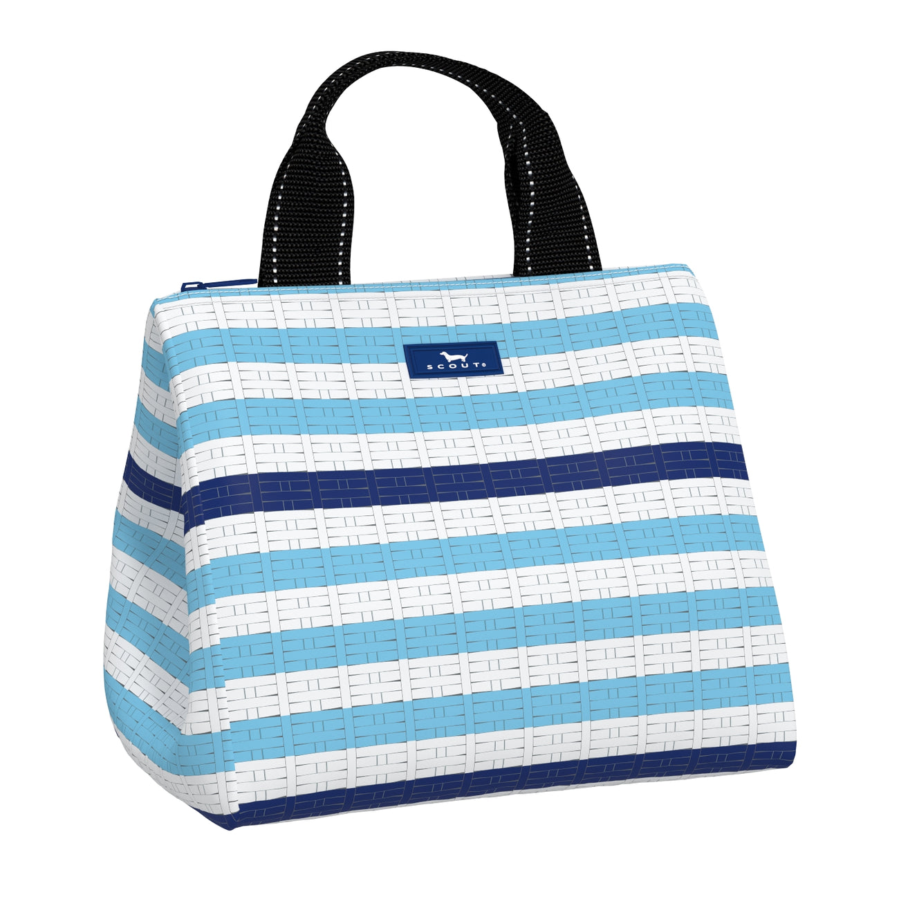 Meant to Bistro SCOUT Eloise Lunch Tote – quilted insulated lunch bag 10.25″W × 10″H × 7.25″D, holds up to 10 lb, foam‑lined interior, exterior Velcro pocket, wipes clean. Available at Be Charmed 