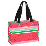 Melondramatic SCOUT Tiny Package Gift Bag – 11"W × 8"H × 4.5"D all‑weather woven bag folds flat, weighs 0.2 lbs, holds 30 lbs, reusable and wipe‑clean. Available at Be Charmed
