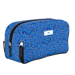 Merci Beau Blue SCOUT 3‑Way Bag – 10.75″ W × 5.5″ H × 4″ D coated cotton travel organizer with three zip compartments, stands upright, water‑resistant, wipes clean. Available at Be Charmed