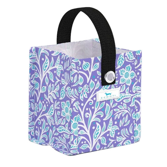 Small floral-patterned gift bag with a black handle on a white background. Available at Be Charmed