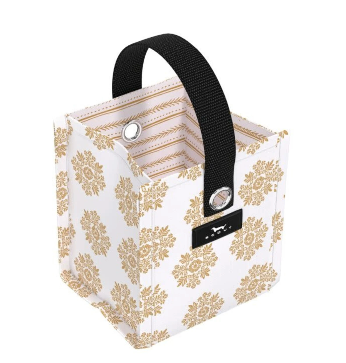 Small storage bin with gold snowflake pattern and black handle on a white background. Available at Be Charmed