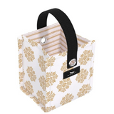 Small storage bin with gold snowflake pattern and black handle on a white background. Available at Be Charmed