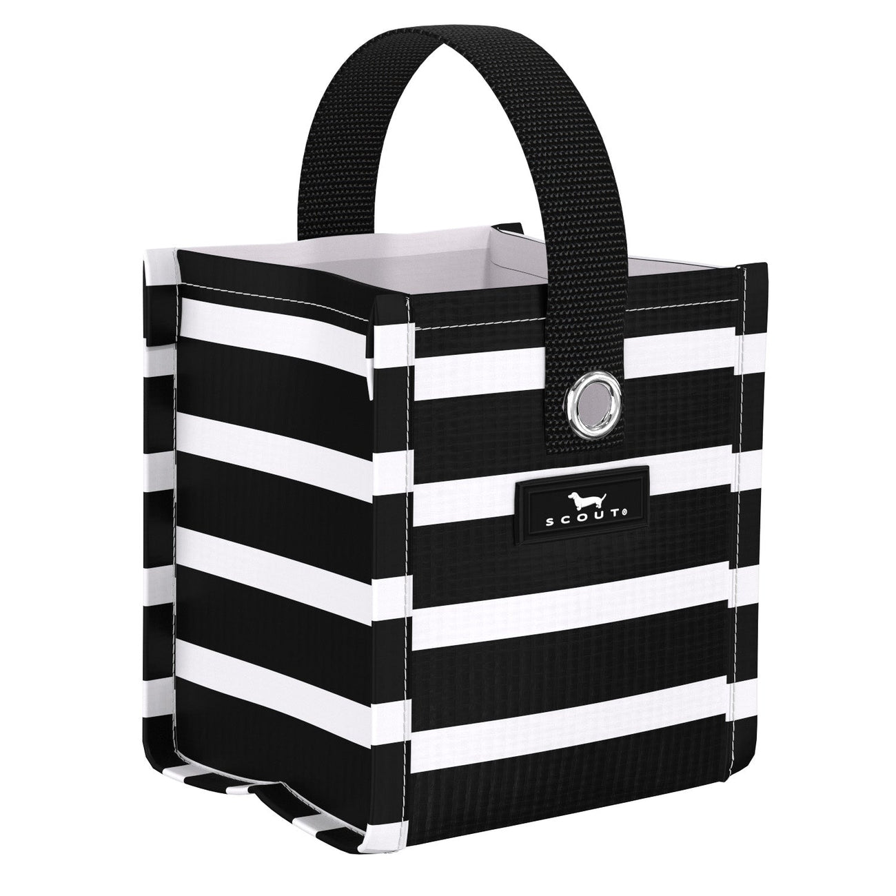 Fleetwood Black SCOUT Mini Package Gift Bag – 5″ W × 5.75″ H × 4.25″ D reusable woven gift bag folds flat, weighs 0.1 lb, with 3.5″ handle drop and grommets for ribbon/stickers. Durable and eco‑friendly. Available at Be Charmed 