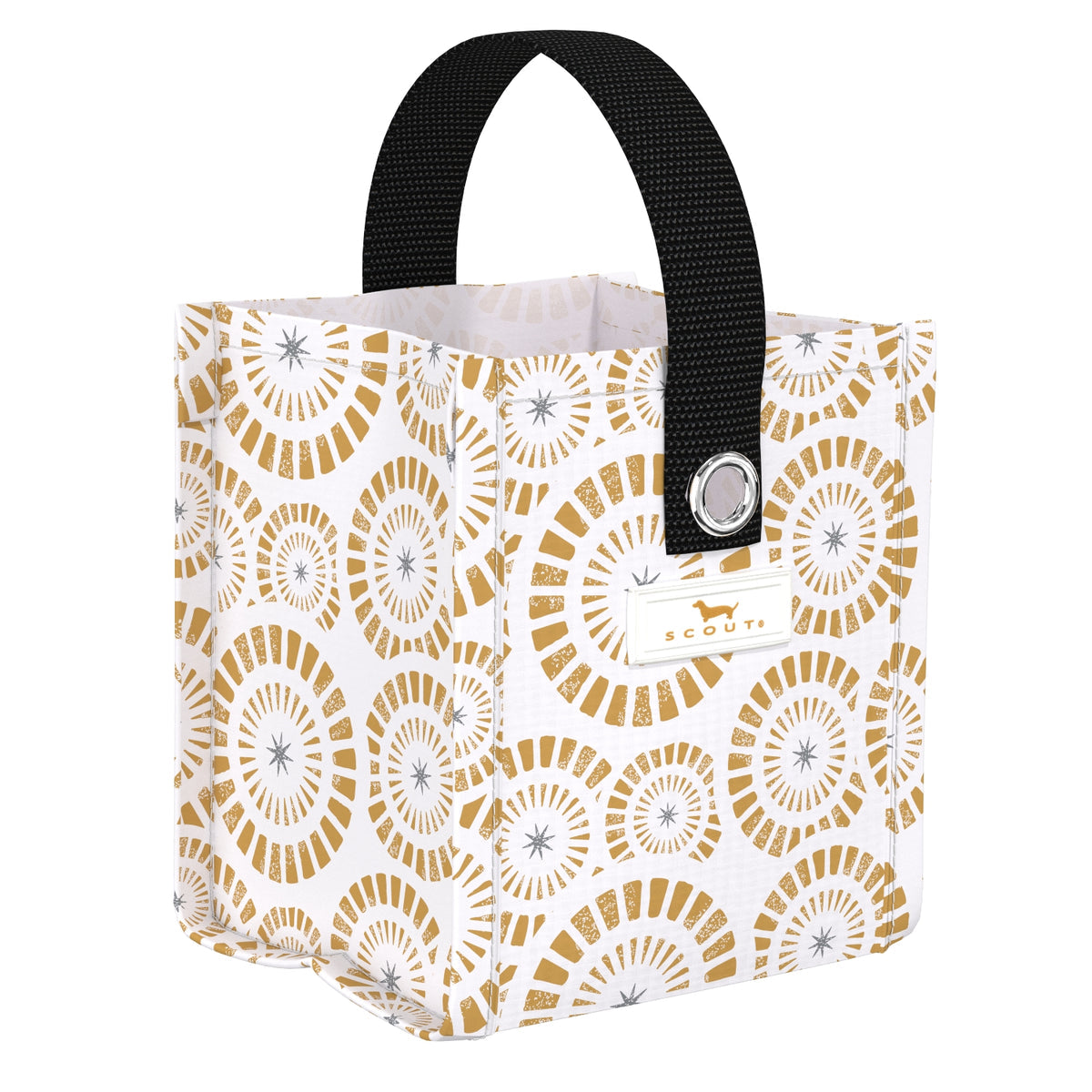 Scout Golden Glow Small bag with gold circular pattern and black handle on a white background. Available at Be Charmed
