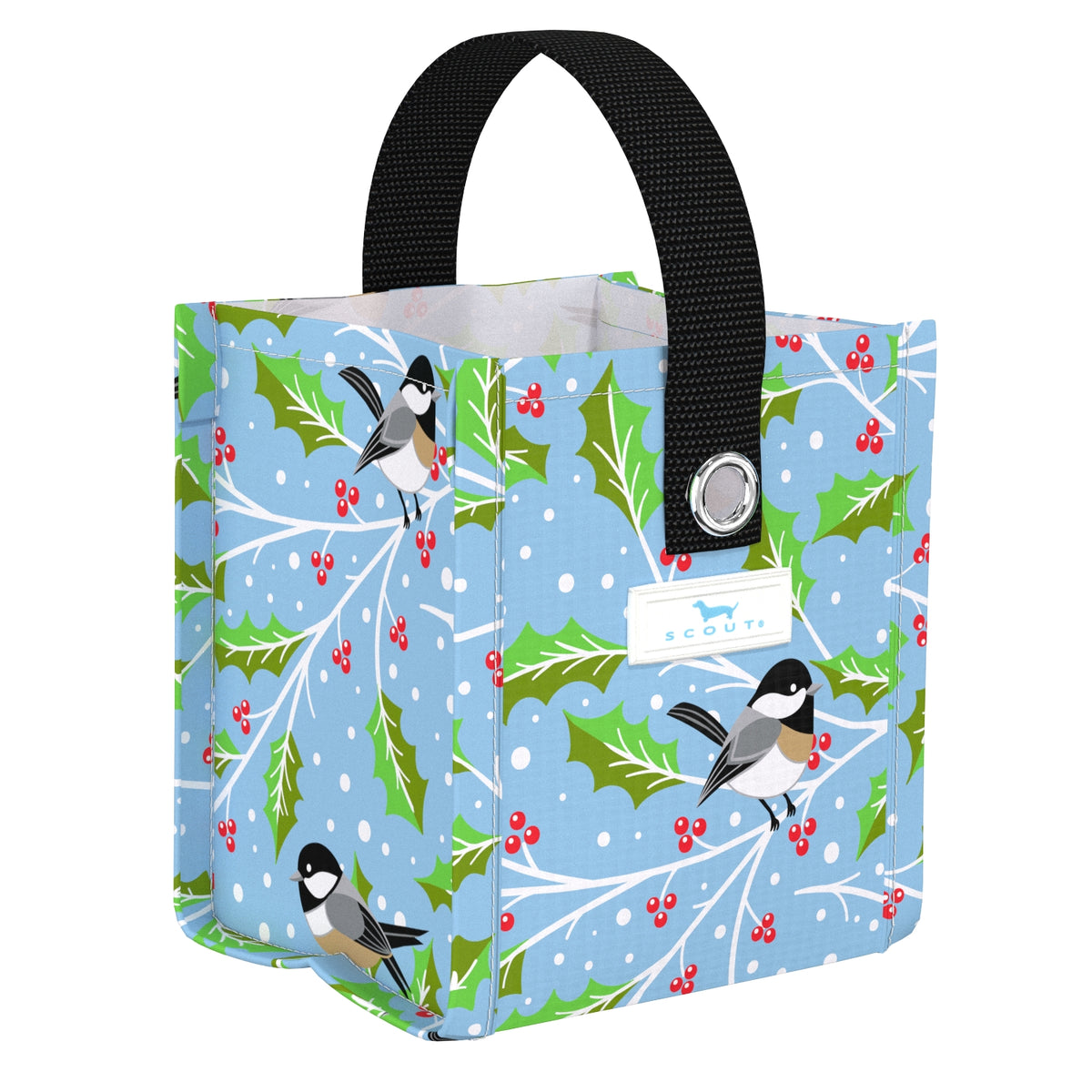 Scout Gift  bag with bird and holly design on a blue background. Available at Be Charmed