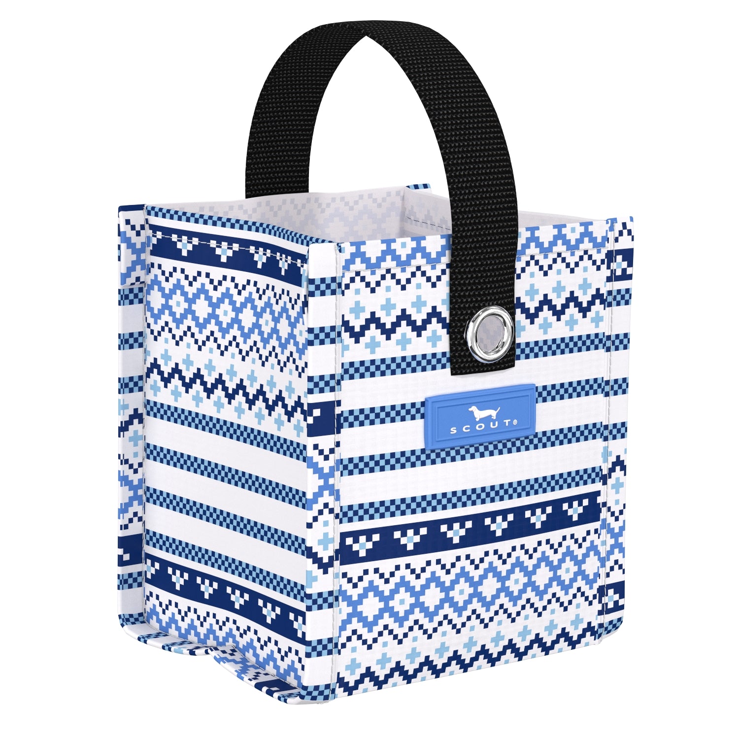 Knit Happens SCOUT Mini Package Gift Bag – 5″ W × 5.75″ H × 4.25″ D reusable woven gift bag folds flat, weighs 0.1 lb, with 3.5″ handle drop and grommets for ribbon/stickers. Durable and eco‑friendly. Available at Be Charmed 