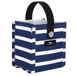 Nantucket Navy SCOUT Mini Package Gift Bag – 5″ W × 5.75″ H × 4.25″ D reusable woven gift bag folds flat, weighs 0.1 lb, with 3.5″ handle drop and grommets for ribbon/stickers. Durable and eco‑friendly. Available at Be Charmed 