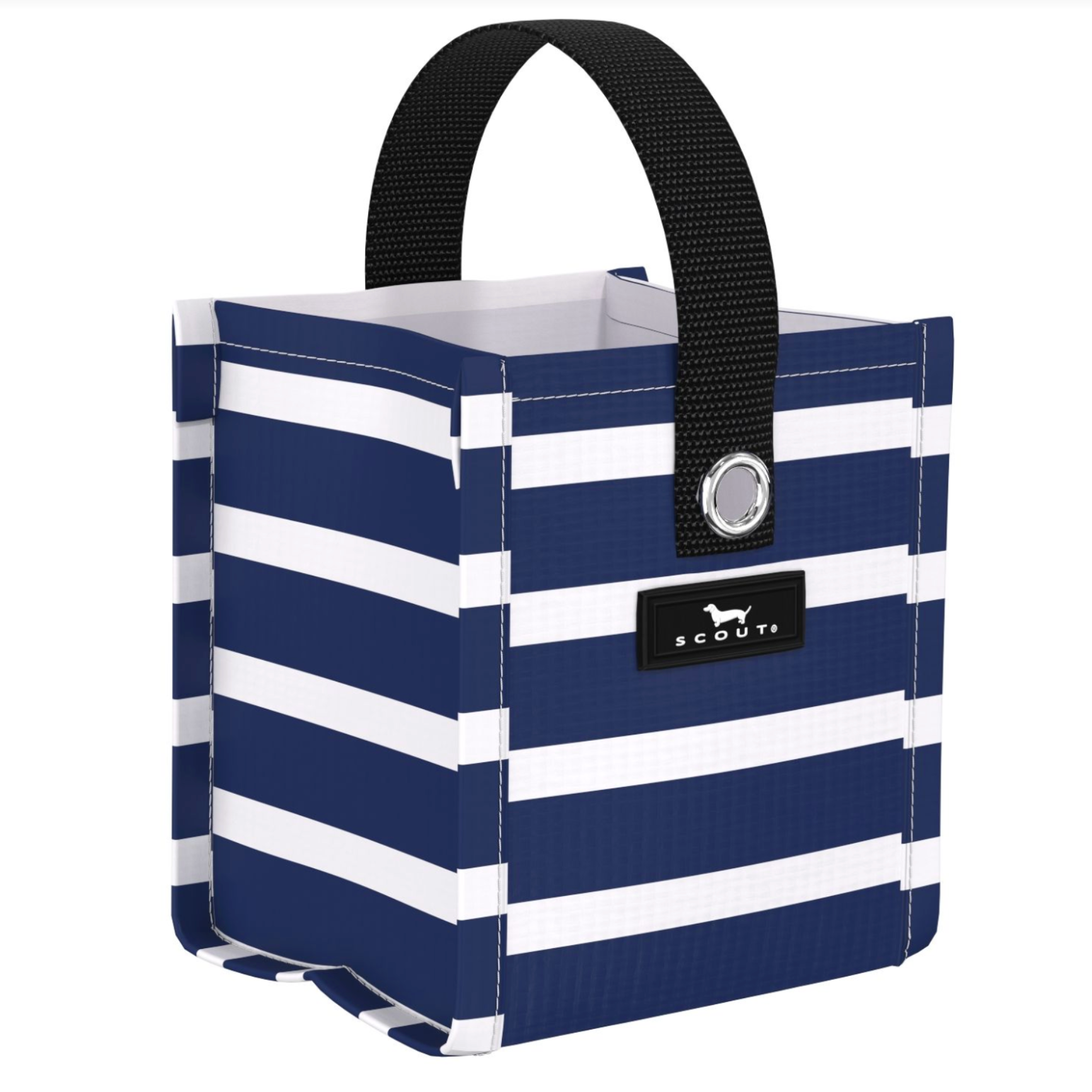 Nantucket Navy SCOUT Mini Package Gift Bag – 5″ W × 5.75″ H × 4.25″ D reusable woven gift bag folds flat, weighs 0.1 lb, with 3.5″ handle drop and grommets for ribbon/stickers. Durable and eco‑friendly. Available at Be Charmed 
