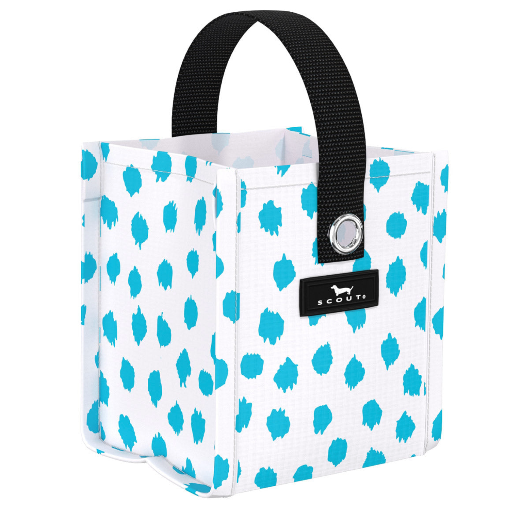 Puddle Jumper SCOUT Mini Package Gift Bag – 5″ W × 5.75″ H × 4.25″ D reusable woven gift bag folds flat, weighs 0.1 lb, with 3.5″ handle drop and grommets for ribbon/stickers. Durable and eco‑friendly. Available at Be Charmed 