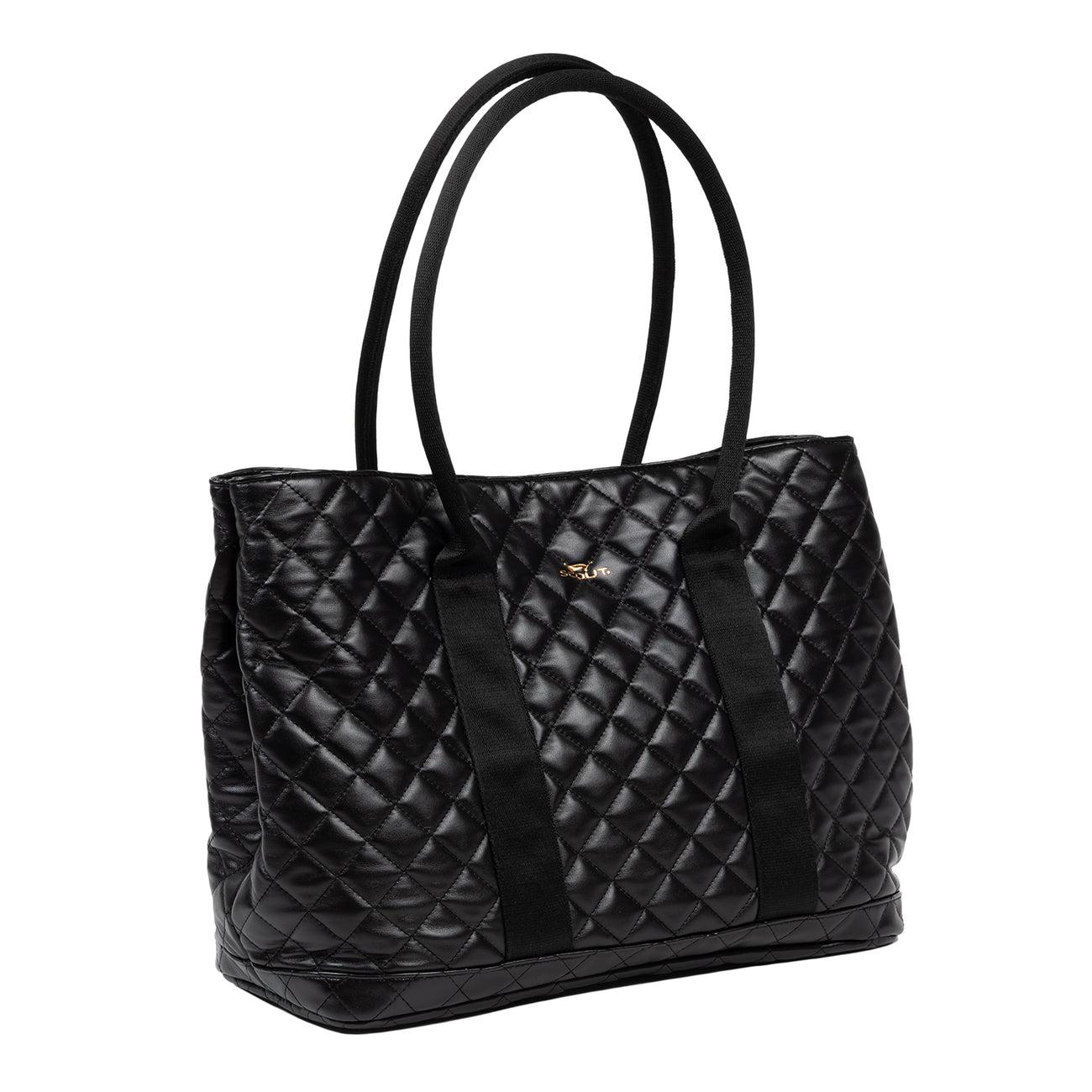 Scout Miss Manors Black quilted handbag with gold logo on a white background. Available at Be Charmed