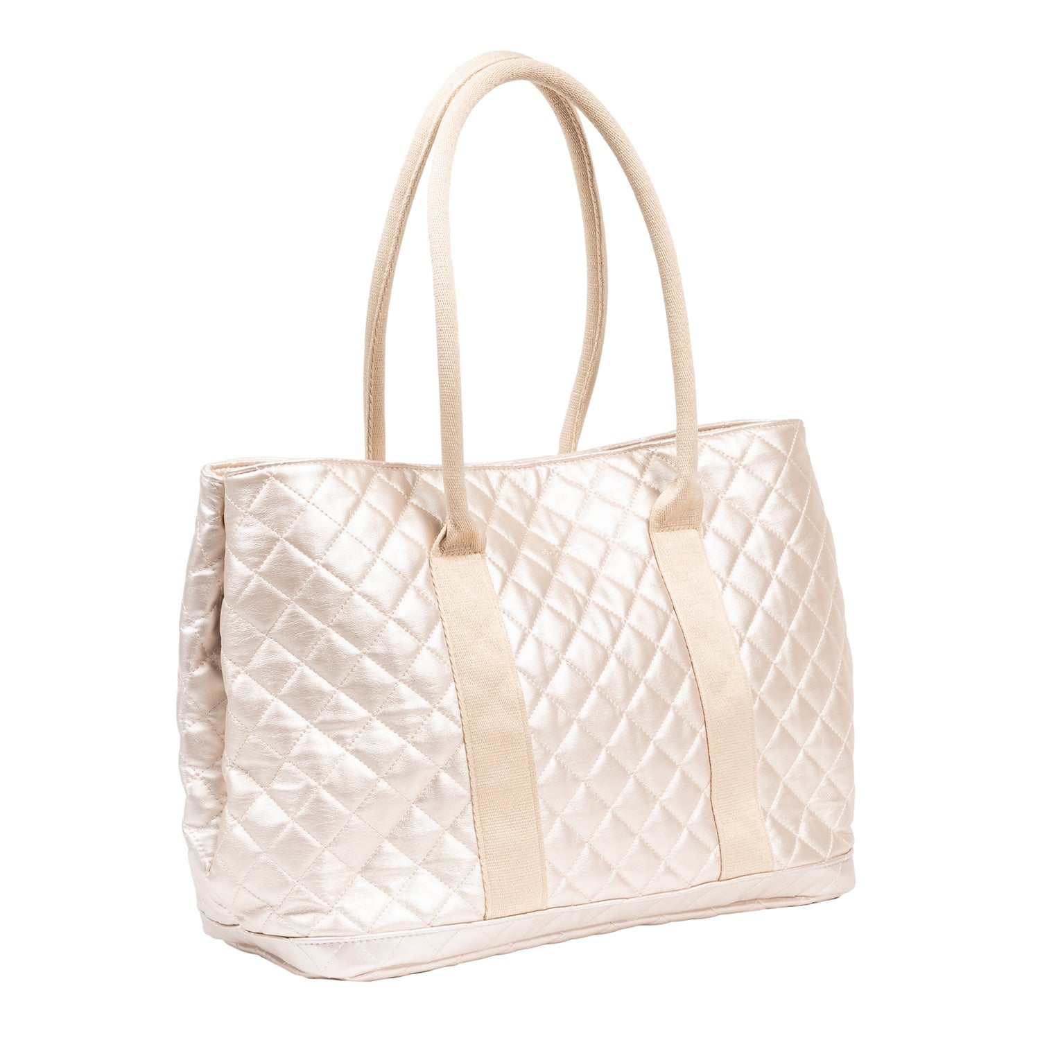 Scout Miss Manors Quilted tote bag with beige handles and trim on a white background. Available at Be Charmed