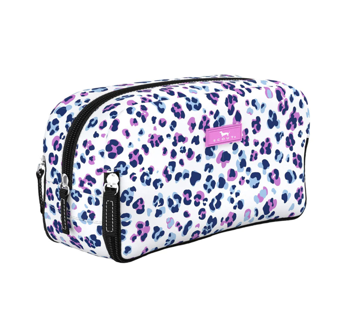 Moves Like Jaguar SCOUT 3‑Way Bag – 10.75″ W × 5.5″ H × 4″ D coated cotton travel organizer with three zip compartments, stands upright, water‑resistant, wipes clean. Available at Be Charmed