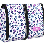 A makeup or toiletry bag with a leopard print pattern on a white background, featuring a zipper and a black strap. Available at Be Charmed