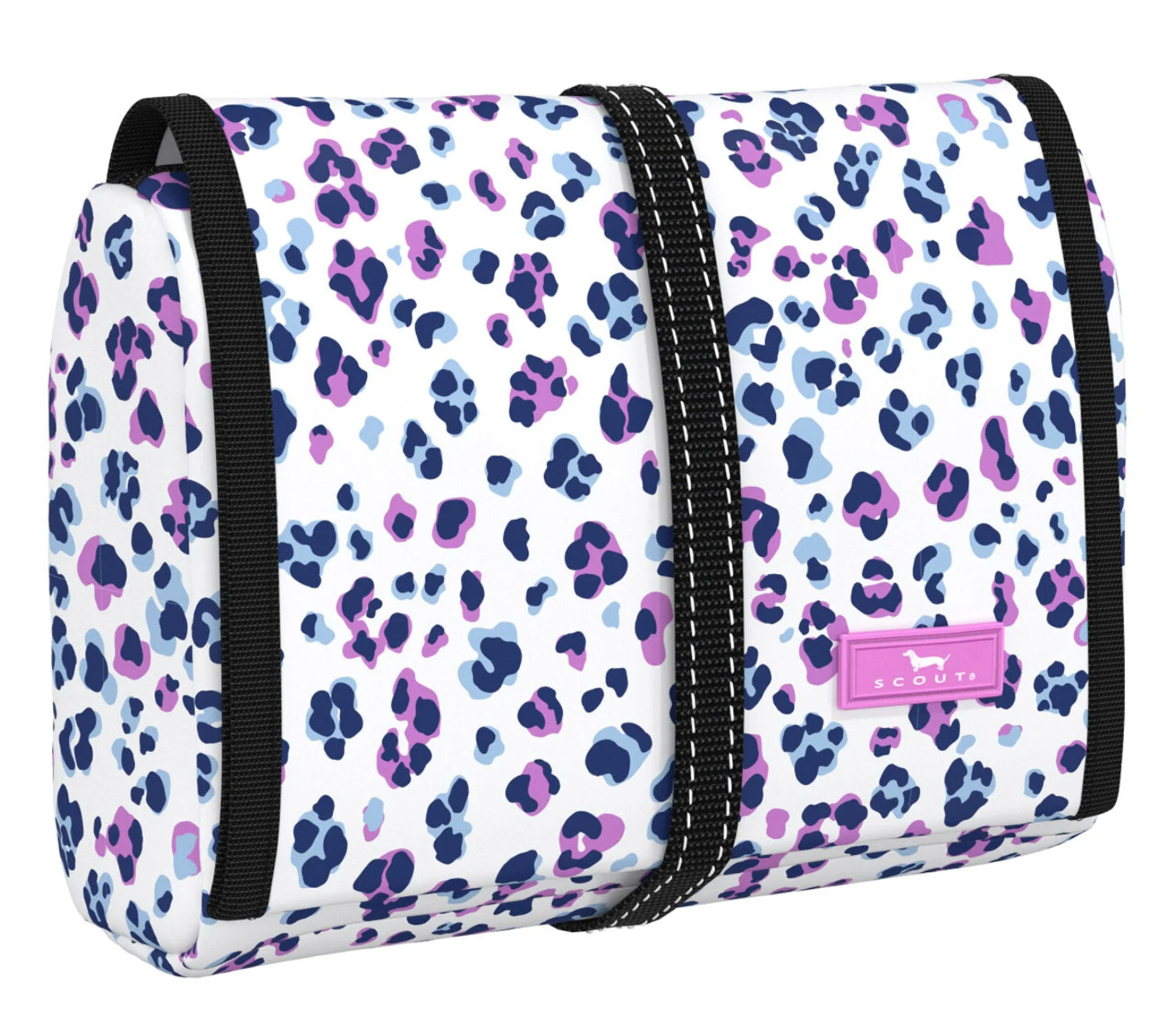 A makeup or toiletry bag with a leopard print pattern on a white background, featuring a zipper and a black strap. Available at Be Charmed