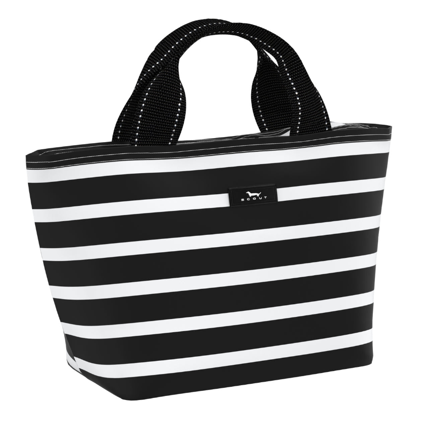 Fleetwood Black SCOUT Nooner insulated lunch bag – 14.25″ W x 8″ H x 6″ D, foam-insulated, water-resistant poly twill, exterior zipper pocket. Folds flat for compact storage. Available at Be Charmed