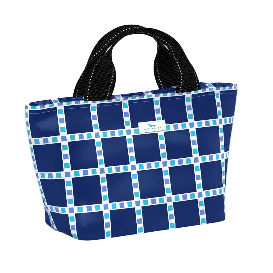 Blue and white checkered lunch bag with black handle on a white background. Available at Be Charmed