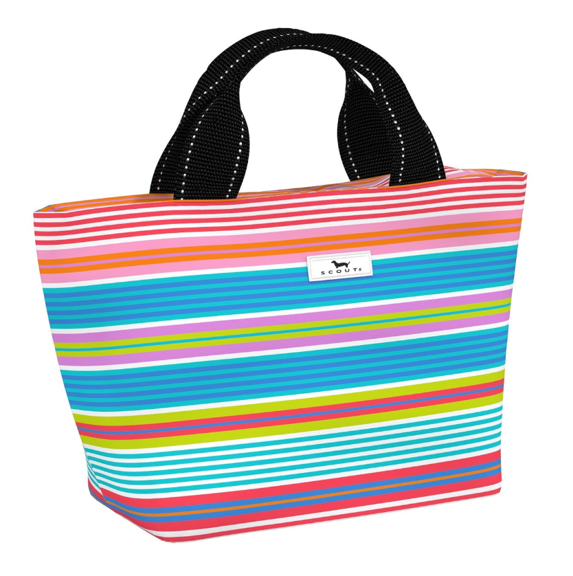 Fruit of Tulum SCOUT Nooner insulated lunch bag – 14.25″ W x 8″ H x 6″ D, foam-insulated, water-resistant poly twill, exterior zipper pocket. Folds flat for compact storage. Available at Be Charmed