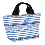 Knit Happens SCOUT Nooner insulated lunch bag – 14.25″ W x 8″ H x 6″ D, foam-insulated, water-resistant poly twill, exterior zipper pocket. Folds flat for compact storage. Available at Be Charmed