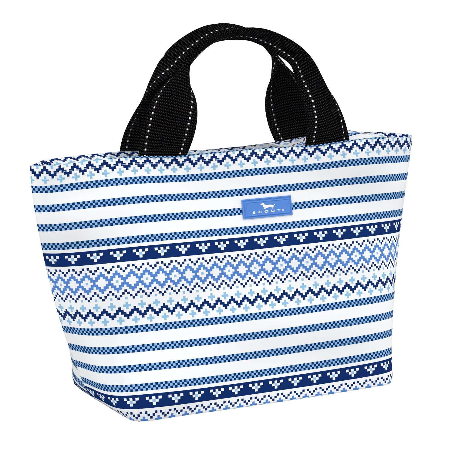 Knit Happens SCOUT Nooner insulated lunch bag – 14.25″ W x 8″ H x 6″ D, foam-insulated, water-resistant poly twill, exterior zipper pocket. Folds flat for compact storage. Available at Be Charmed