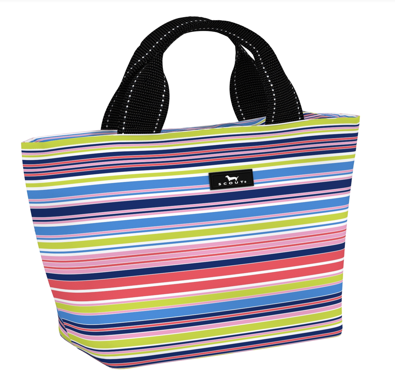 LIne Up SCOUT Nooner insulated lunch bag – 14.25″ W x 8″ H x 6″ D, foam-insulated, water-resistant poly twill, exterior zipper pocket. Folds flat for compact storage. Available at Be Charmed