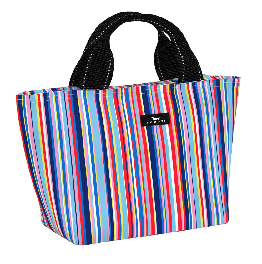 Line and Danday SCOUT Nooner insulated lunch bag – 14.25″ W x 8″ H x 6″ D, foam-insulated, water-resistant poly twill, exterior zipper pocket. Folds flat for compact storage. Available at Be Charmed