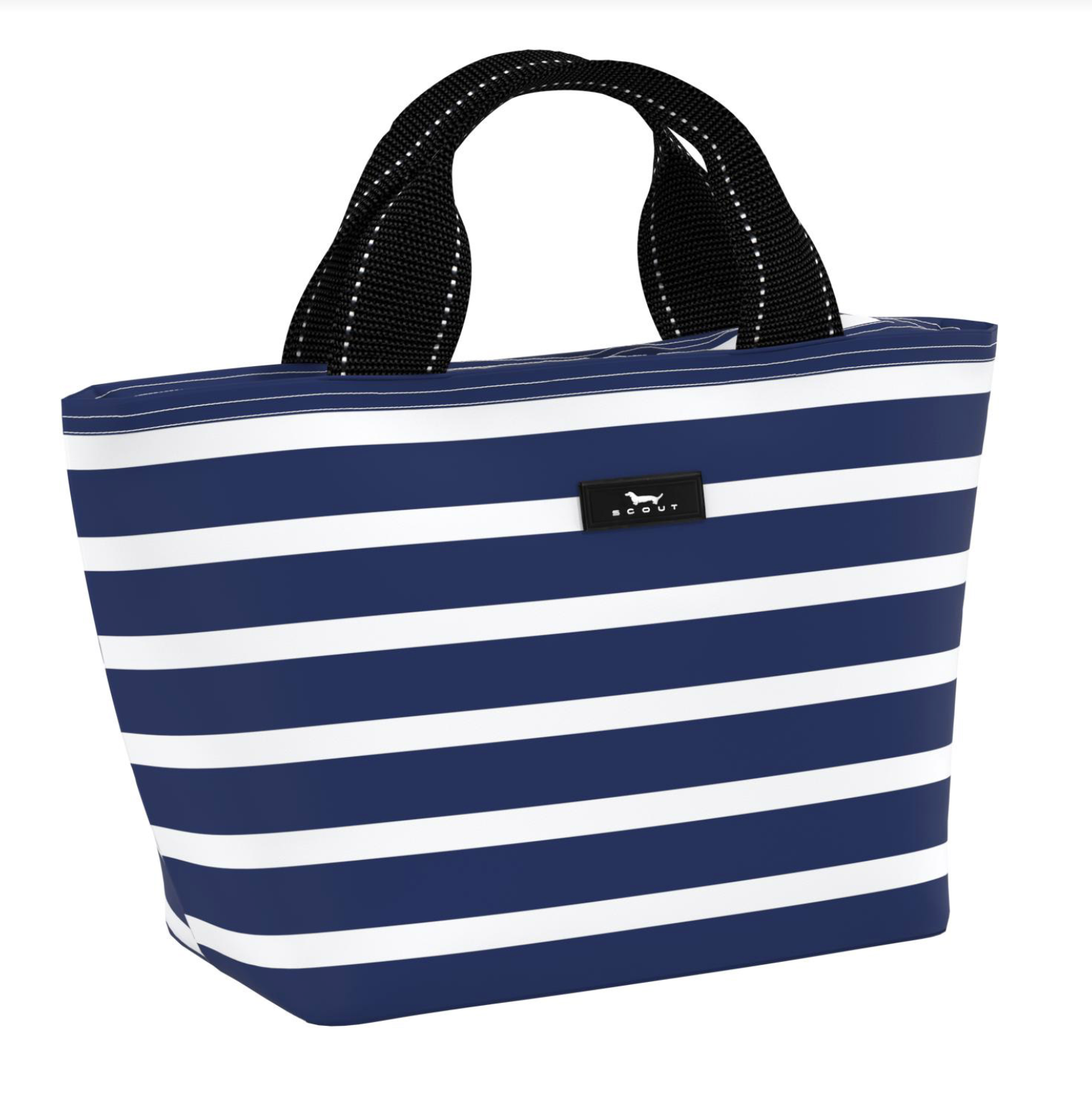 Nantucket Navy SCOUT Nooner insulated lunch bag – 14.25″ W x 8″ H x 6″ D, foam-insulated, water-resistant poly twill, exterior zipper pocket. Folds flat for compact storage. Available at Be Charmed