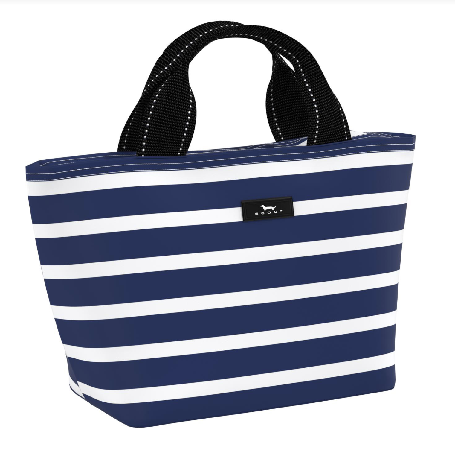 Nantucket Navy SCOUT Nooner insulated lunch bag – 14.25″ W x 8″ H x 6″ D, foam-insulated, water-resistant poly twill, exterior zipper pocket. Folds flat for compact storage. Available at Be Charmed