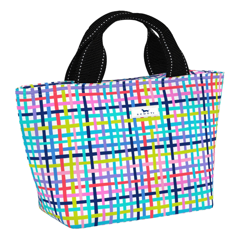 Off the Grid SCOUT Nooner insulated lunch bag – 14.25″ W x 8″ H x 6″ D, foam-insulated, water-resistant poly twill, exterior zipper pocket. Folds flat for compact storage. Available at Be Charmed