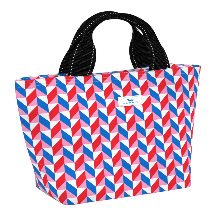 Pink 182 SCOUT Nooner insulated lunch bag – 14.25″ W x 8″ H x 6″ D, foam-insulated, water-resistant poly twill, exterior zipper pocket. Folds flat for compact storage. Available at Be Charmed