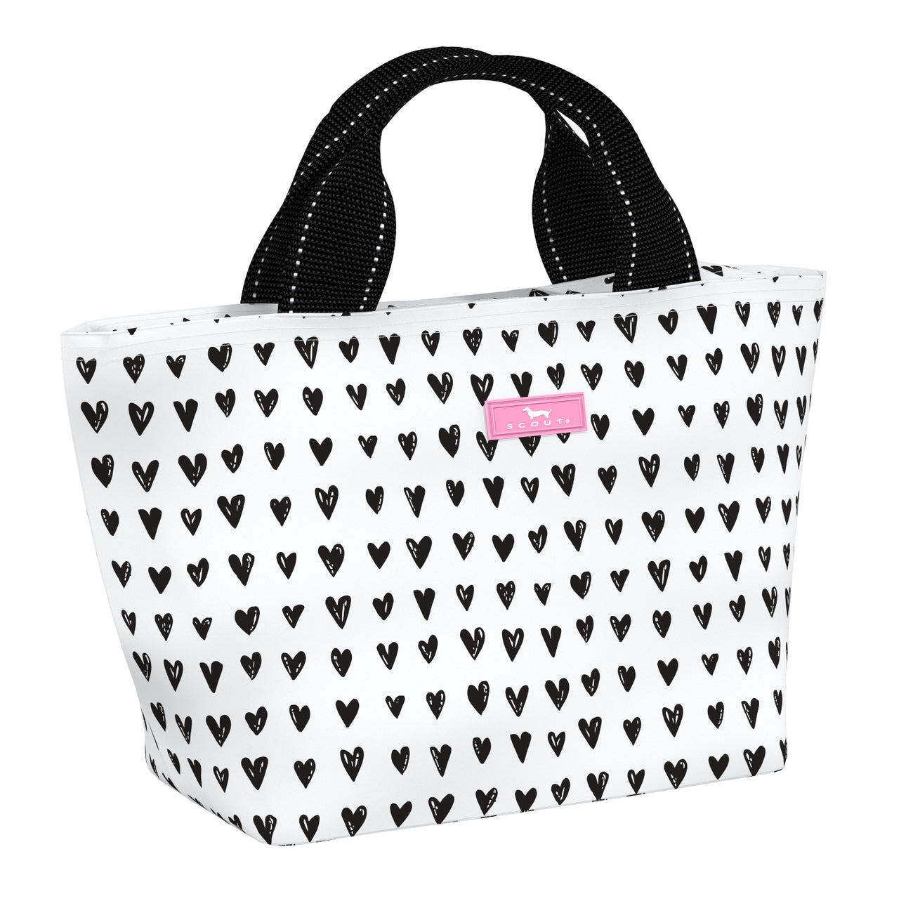 Pop Heart SCOUT Nooner insulated lunch bag – 14.25″ W x 8″ H x 6″ D, foam-insulated, water-resistant poly twill, exterior zipper pocket. Folds flat for compact storage. Available at Be Charmed