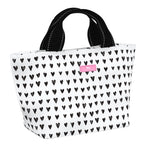 Pop Heart SCOUT Nooner insulated lunch bag – 14.25″ W x 8″ H x 6″ D, foam-insulated, water-resistant poly twill, exterior zipper pocket. Folds flat for compact storage. Available at Be Charmed