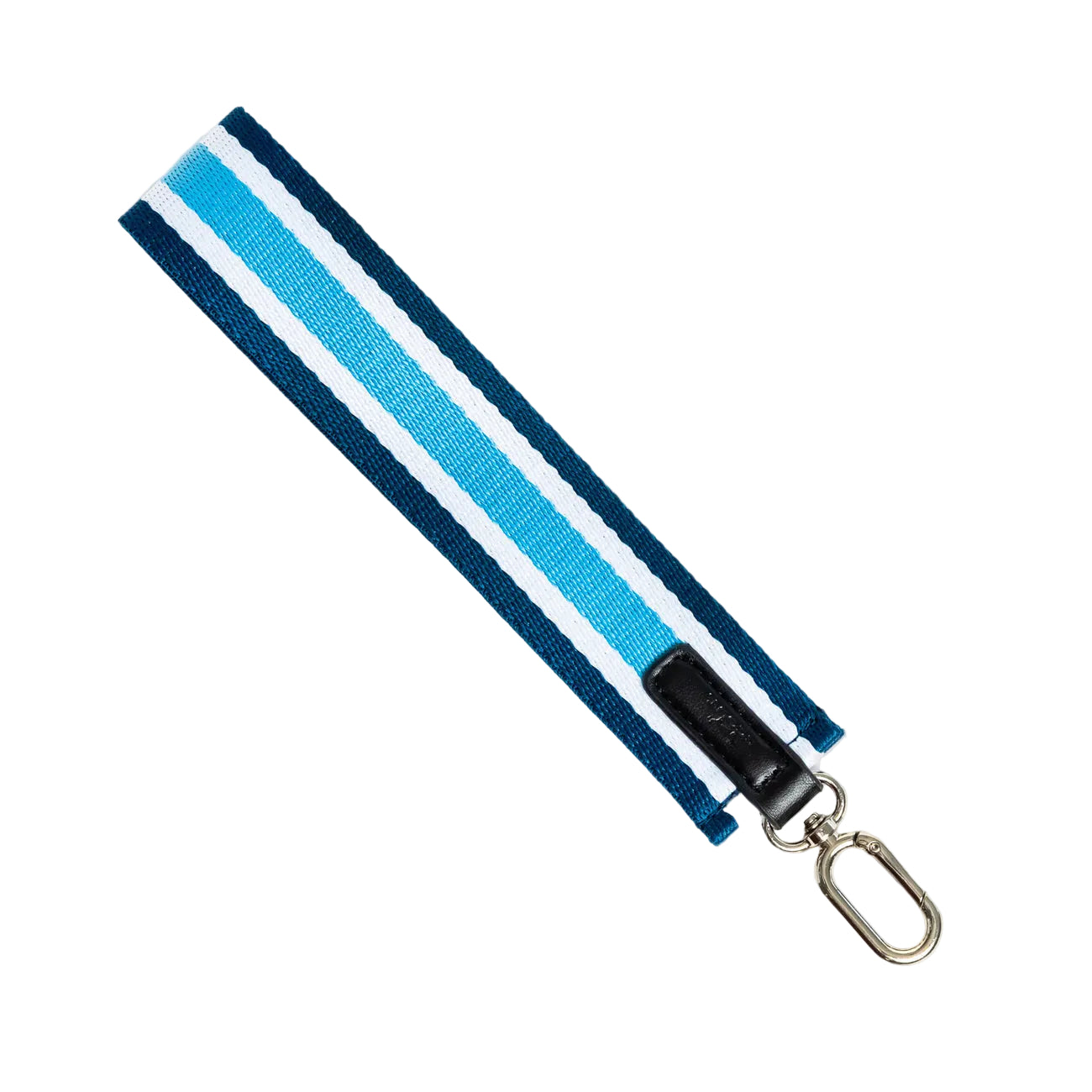 Blue and black striped lanyard with a metal clip on a whie background. Available at Be Charmed