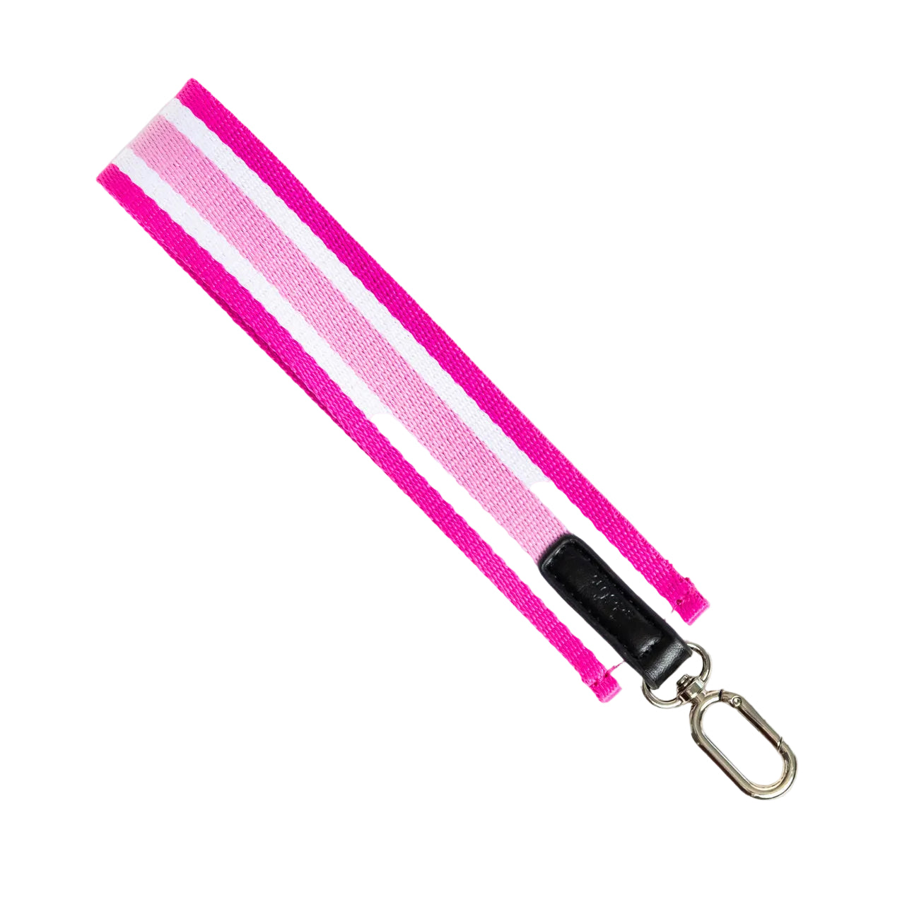 Pink lanyard with a black clip on a white background. Available at Be Charmed