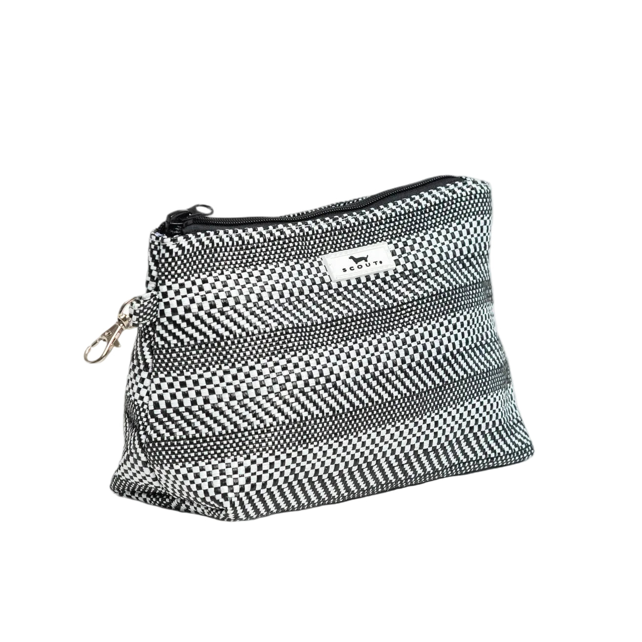 Black and white checkered pouch with a zipper on a white background. Available at Be Charmed