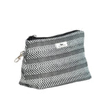 Black and white checkered pouch with a zipper on a white background. Available at Be Charmed