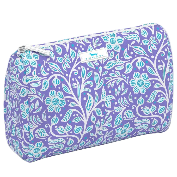 Purple toiletry bag with floral pattern on a white background. Available at Be Charmed