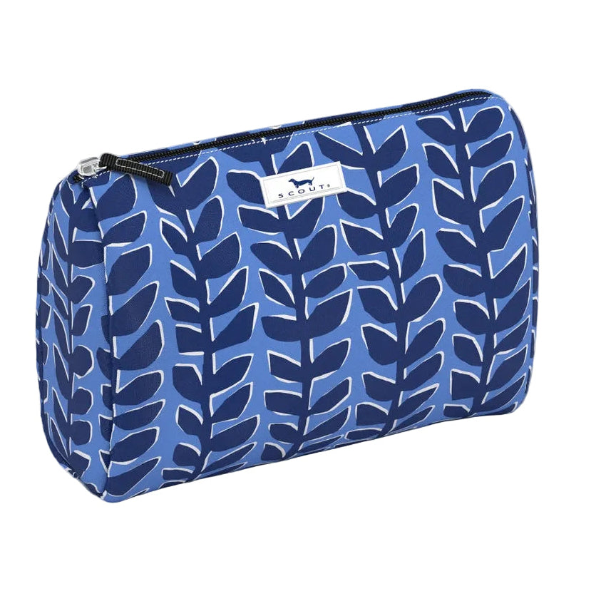 Blue patterned Scout cosmetic bag on a light gray background. Available at Be Charmed