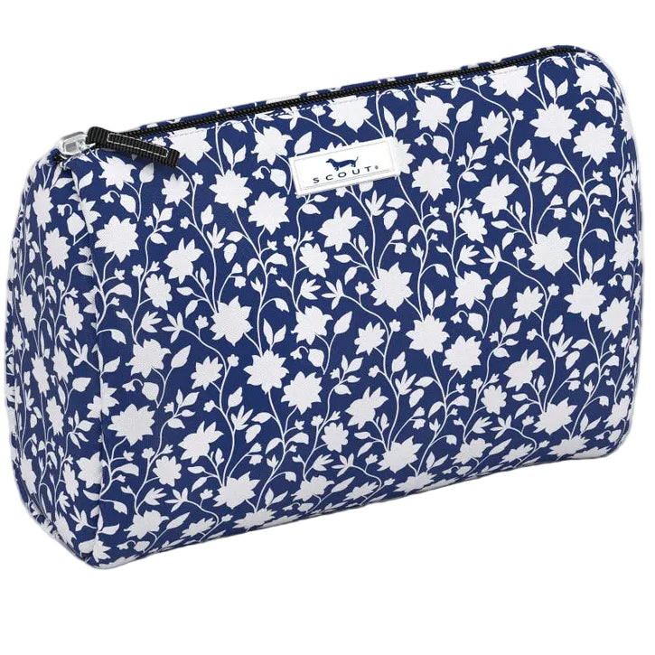 Blue floral patterned toiletry bag on white background. Available at Be Chamred