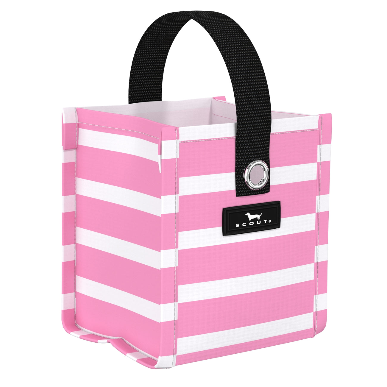Palmetto Pink SCOUT Mini Package Gift Bag – 5″ W × 5.75″ H × 4.25″ D reusable woven gift bag folds flat, weighs 0.1 lb, with 3.5″ handle drop and grommets for ribbon/stickers. Durable and eco‑friendly. Available at Be Charmed 